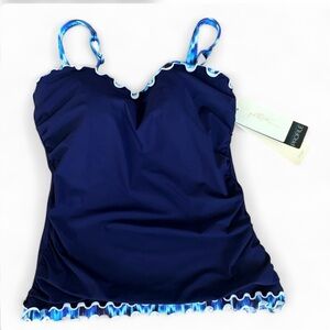 NWT Profile by Gottex 36D Underwire Tankini Swim Top Navy Ruffle Trim Chico’s
